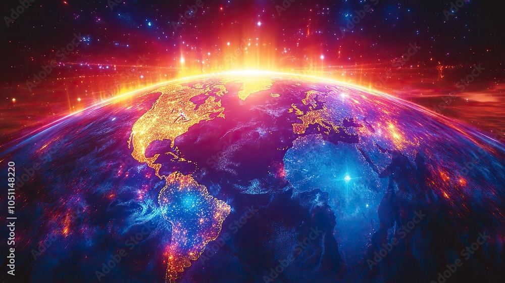 Aufkleber glowing globe with colorful light rays emanating, symbolizing global technology and connections.illu