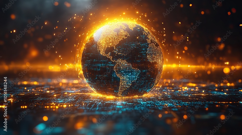 Aufkleber glowing globe with colorful light rays emanating, symbolizing global technology and connections.