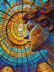  A stained glass mural depicting the sun, with a woman's face looking up at it in awe, set within a domed building.