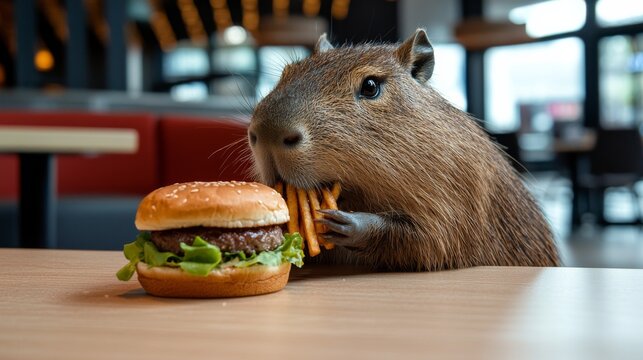 Capybara in fashionable clothes eats burger at food court in shopping center