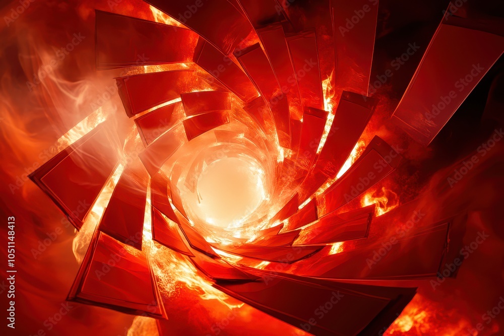 Poster a red and orange image with a spiral shape and fire