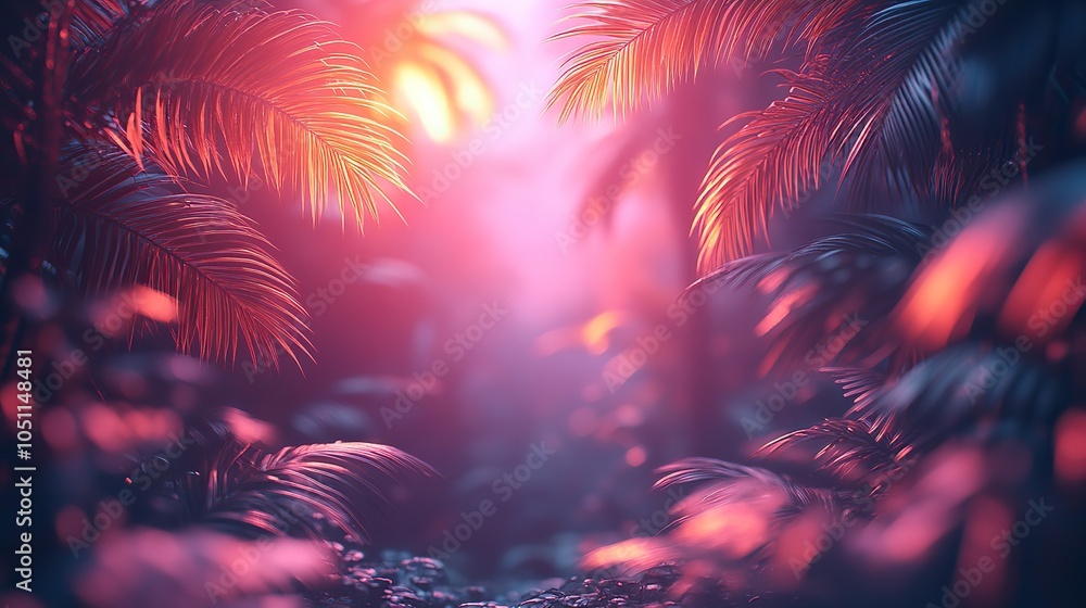 Poster glowing neon frame surrounded by palm branches, symbolizing summer disco or jungle party, ideal for 