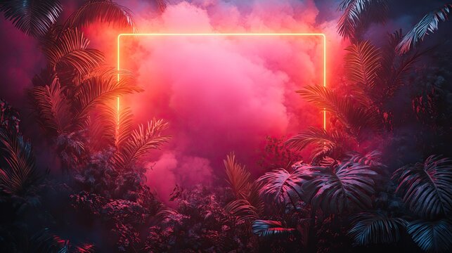 glowing neon frame surrounded by palm branches, symbolizing summer disco or jungle party, ideal for vibrant invitations or banners with space for personalized text.illustration