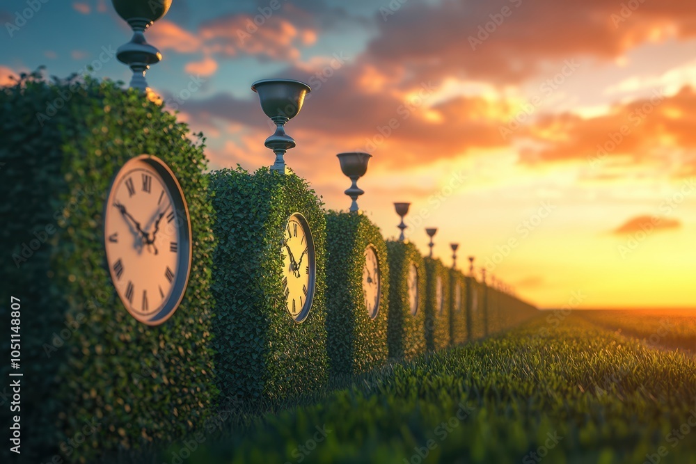 Poster a row of clocks are hidden behind bushes