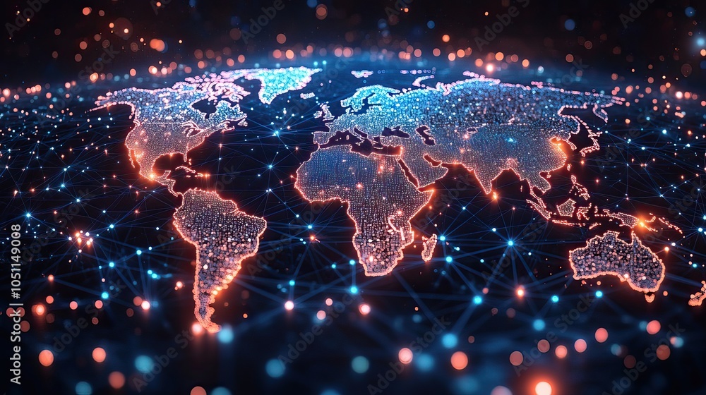 Aufkleber glowing world map with digital connections symbolizes global dat transfer and cyber technology in futuristic background.stock photo