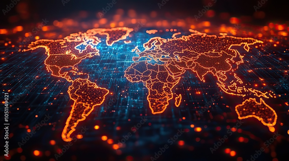 Poster glowing world map with digital connections symbolizes global dat transfer and cyber technology in futuristic background.image