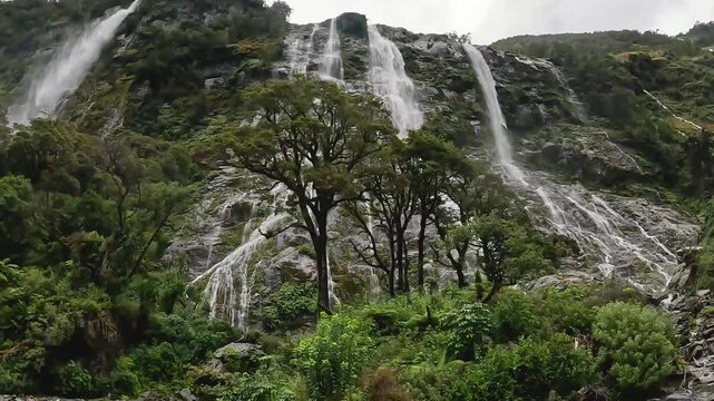 Rainy Day at Sandfly Point: Dramatic Waterfalls Cascading from Lush Cliffs in Fiordland National Park, New Zealand