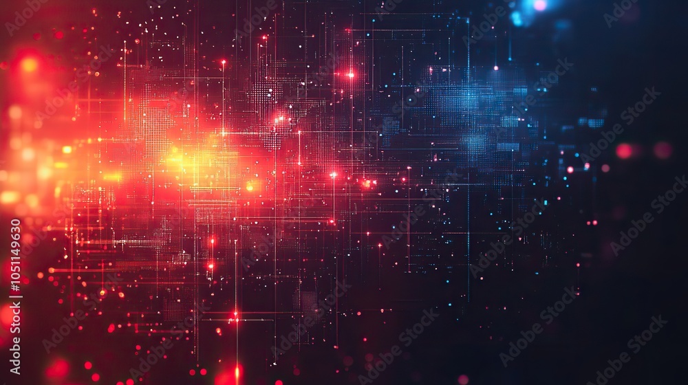 Poster gradient background in red and blue with geometric patterns and dark navy technology theme.