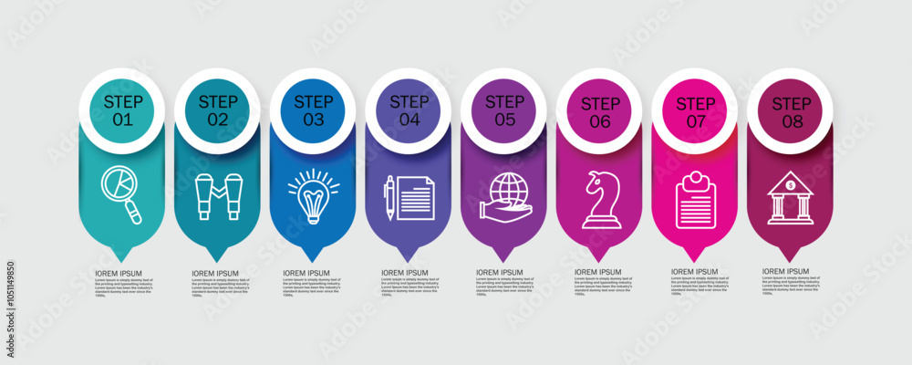 Aufkleber concept of arrow business model with 8 successive steps. eight colourful rectangular elements. timel
