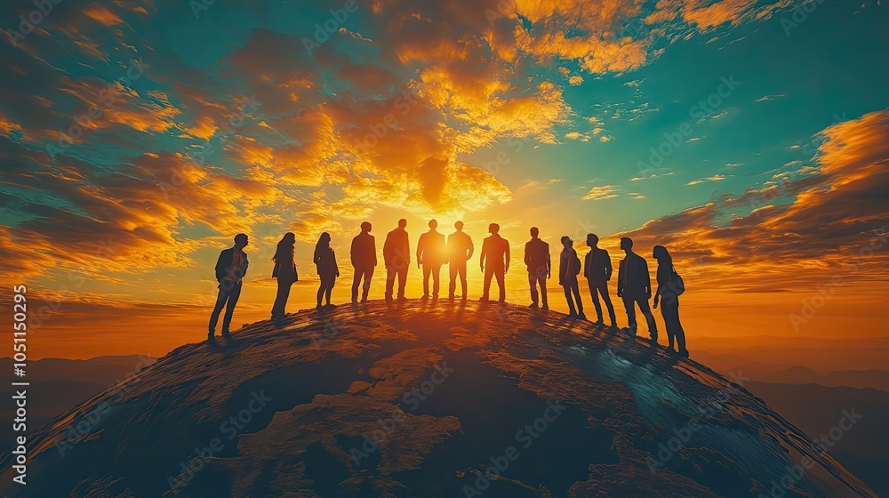 Poster group of business people standing on globe, symbolizing global collaboration and unity.