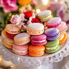 Fototapeta premium A beautifully arranged platter of assorted macarons in various colors and flavors, served on a white cake stand, Macarons centered with a light drizzle of powdered sugar