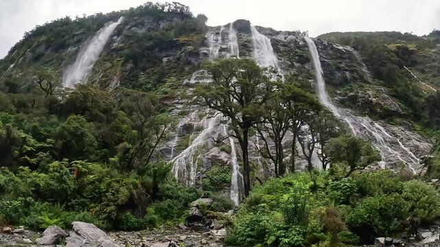 Rainy Day at Sandfly Point: Dramatic Waterfalls Cascading from Lush Cliffs in Fiordland National Park, New Zealand