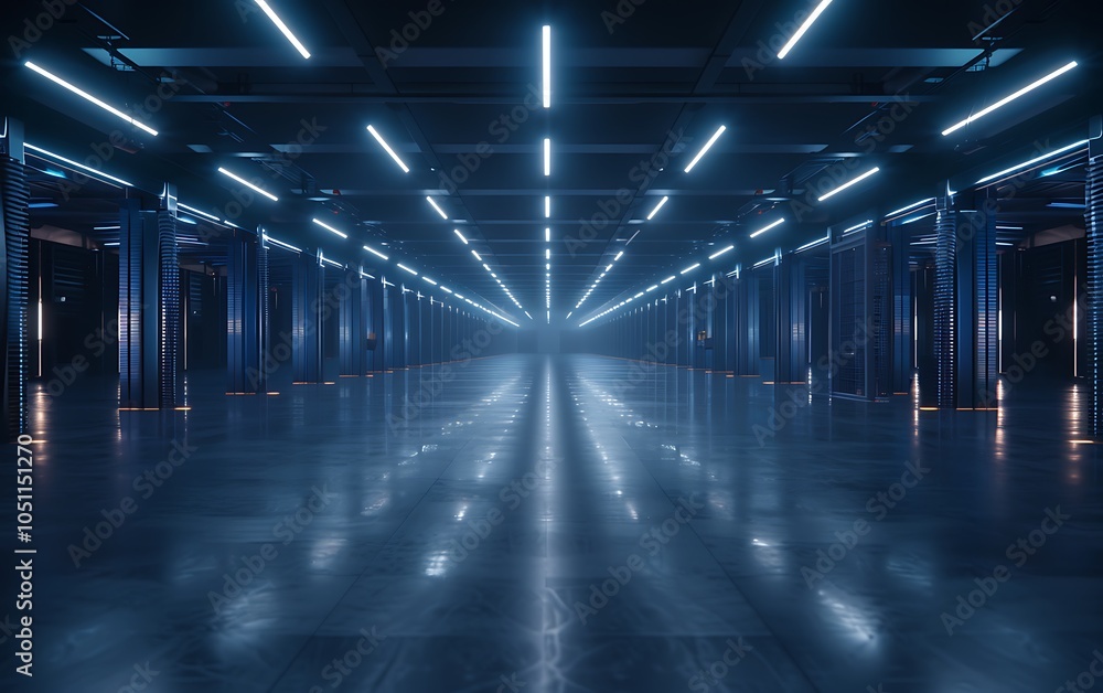 Poster futuristic smart warehouse with autonomous systems managing inventory and shipping
