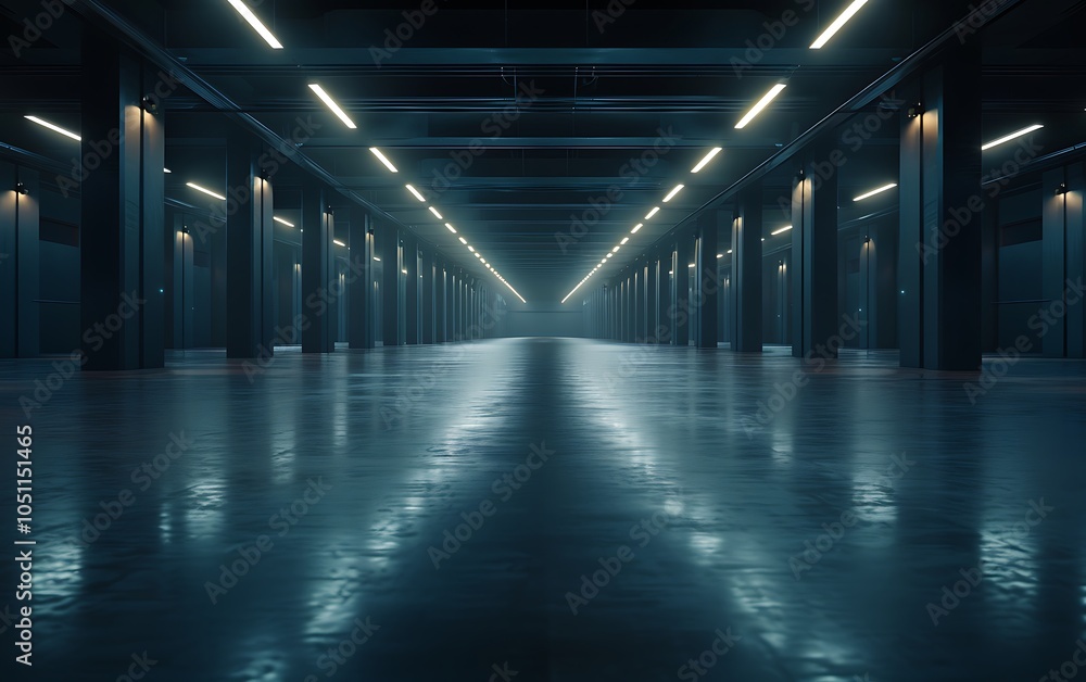 Poster futuristic smart warehouse with autonomous systems managing inventory and shipping