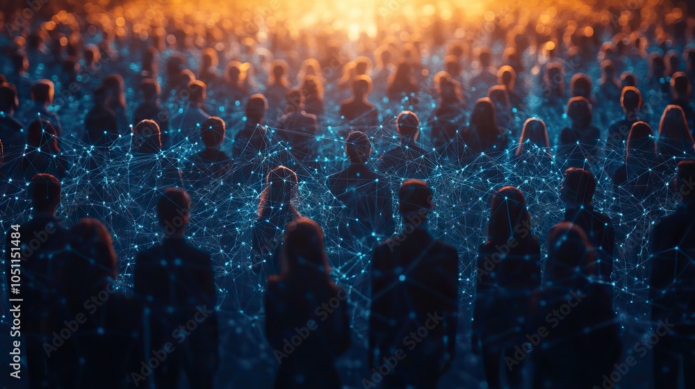 Poster group of people connected through blue background, symbolizing interaction and community.image