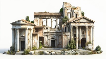 Obraz premium Ancient Roman ruins with detailed architecture, showcasing columns and arches, surrounded by nature. Historic and evocative atmosphere.