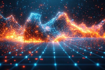 Obraz premium Abstract digital landscape with glowing lines and particles. (2)