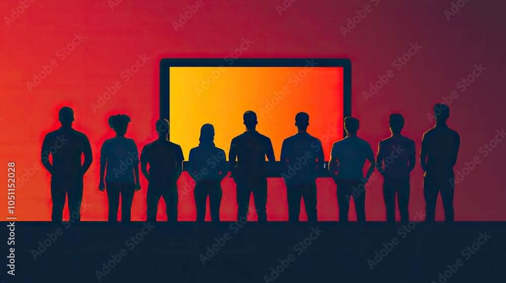 Poster group of people stands together in front of an electronic monitor, symbolizing collaboration or team
