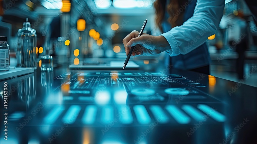Poster group of people using digital tablets and pens while working together on an interactive table for design projects.illustration