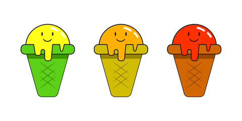 Cute ice cream cartoon doodle PNG. Melted ice cream illustration. flat cartoon concept, cartoon ice cream, cute Ice cream logo with yellow, orange, red color. Transpar
