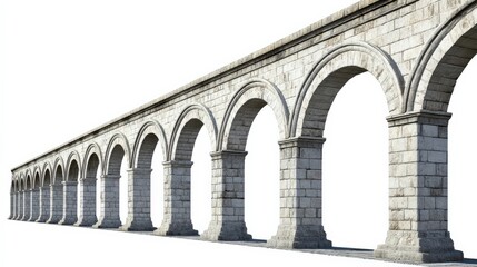 Obraz premium Historical stone aqueduct with multiple arches isolated on white background, showcasing ancient engineering and architectural design.
