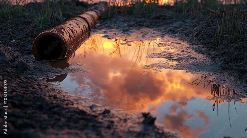 Aufkleber oil leaking from a rusted pipe in an open field, with the sunset reflecting on the puddle.