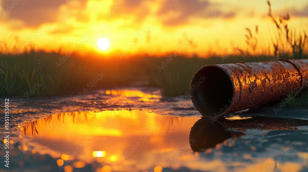 Poster oil leaking from a rusted pipe in an open field, with the sunset reflecting on the puddle.
