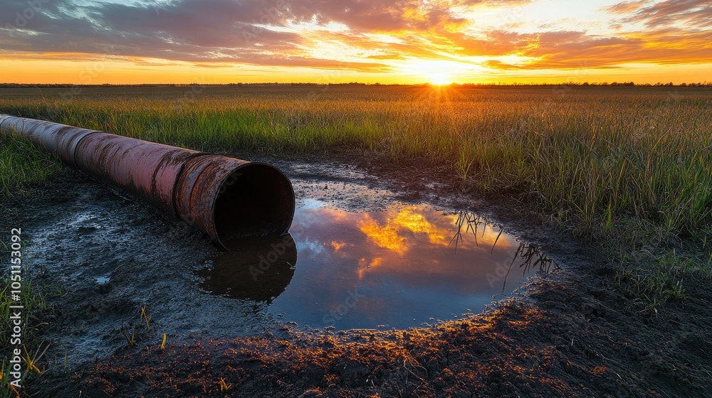 Poster oil leaking from a rusted pipe in an open field, with the sunset reflecting on the puddle.