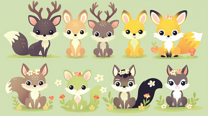 Naklejka premium Illustrations of small animals in the forest, including deer, foxes, and rabbits
