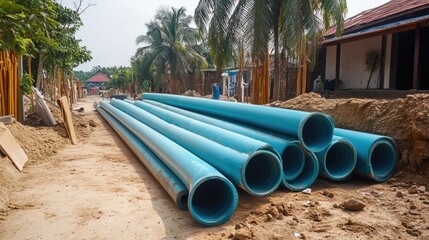 Piled PVC tubes for sewer pipeline at construction site, essential for plumbing and construction