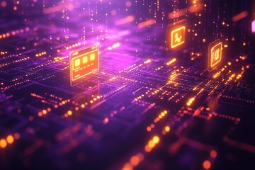 Abstract digital network with glowing icons on a circuit board.