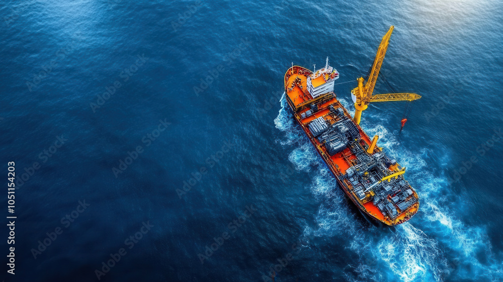 Poster cargo ship is seen navigating through deep blue waters, equipped with cranes for loading constructio