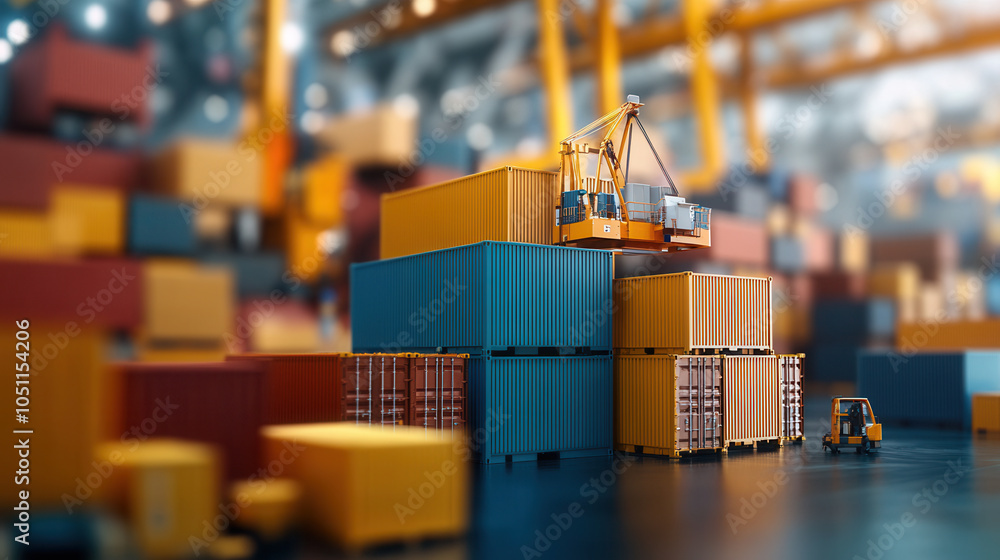 Poster close up of cargo ship loading construction materials with colorful containers stacked high. scene c