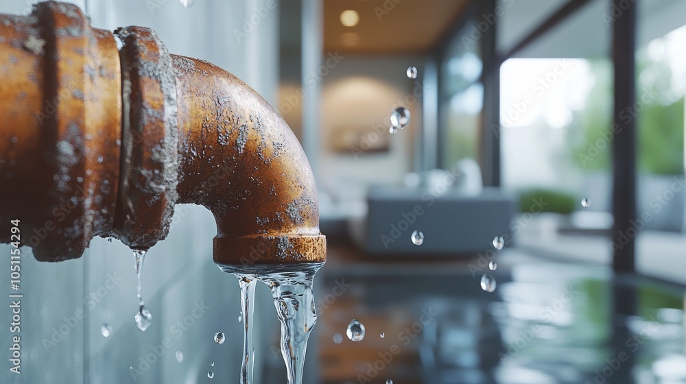 Poster rusty pipe joint in a modern apartment with water dripping from a minor leak, close-up view to show 