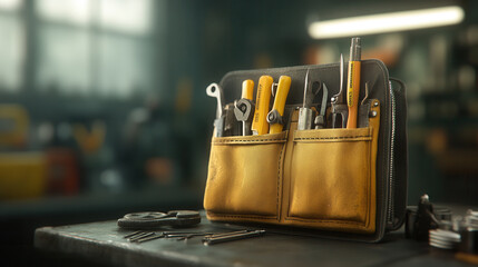Close up of construction tool belt filled with various tools, showcasing well organized selection of wrenches, screwdrivers, and pliers. warm tones of leather add touch of craftsmanship to scene