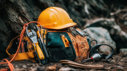construction tool belt filled with various tools, hard hat, and safety equipment is displayed on ground. scene conveys sense of readiness and professionalism in rugged environment
