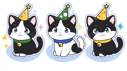 Fototapeta premium Cute and playful cartoon cats wearing party hats, showcasing their joyful expressions. Perfect for celebrations and festive themes