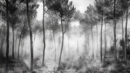 Obraz premium The fog sweeps through a forest of pines, softening the edges of the trees and creating a mysterious scene