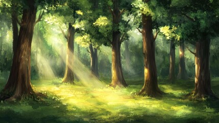 Obraz premium The pine forest is bathed in soft light, with the mist clinging to the trees and obscuring the forest floor.