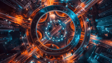 Fototapeta premium top view , night , roundabout interchange of a city, Expressway is an important infrastructure