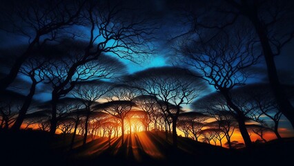 Naklejka premium Silhouette of trees at sunset. 