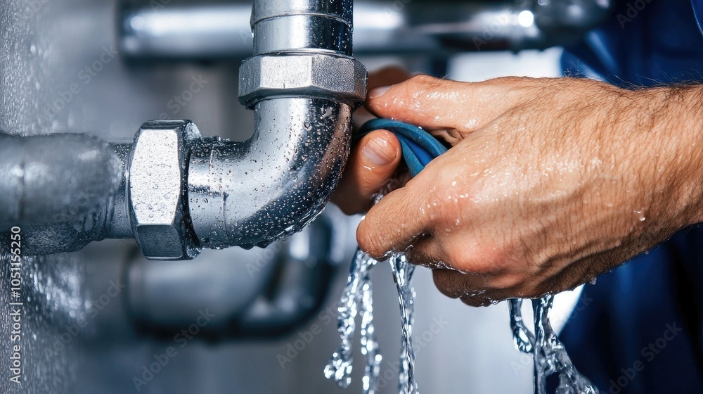 Poster hand trying to fix a leaking pipe joint with water spilling out. 4