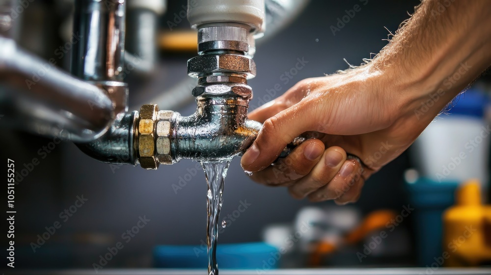 Poster hand trying to fix a leaking pipe joint with water spilling out. 4