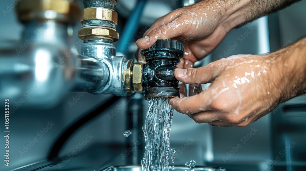 Poster hand trying to fix a leaking pipe joint with water spilling out. 4