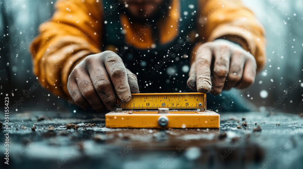 Poster construction worker is carefully using level tool to ensure accuracy while working in snowy conditio