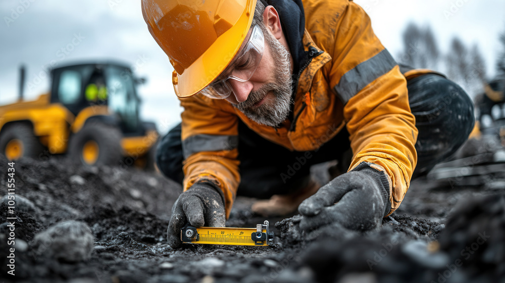 Poster close up of construction worker measuring with ruler on construction site, showcasing precision and 