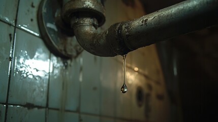 Water droplet forming on pipe joint in a dimly lit apartment corner, signaling urgent plumbing issues
