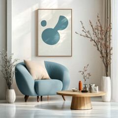 Blue armchair with wooden long coffee table interior design of modern living room