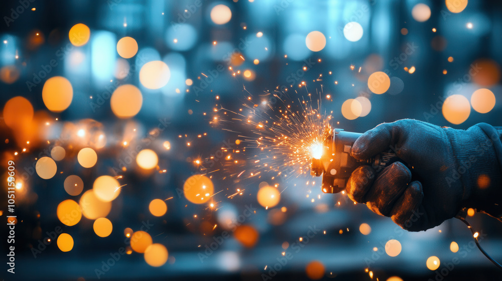 Poster close up of construction workers hand holding tool, creating sparks in dynamic environment filled wi