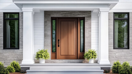 Fototapeta premium A wooden front door, surrounded by windows, with white, blue, and stone siding